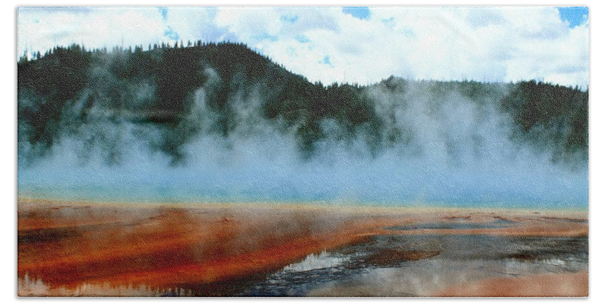 Yellowstone National Park Beach Towel featuring the photograph Painted Rocks and Steam by Catie Canetti