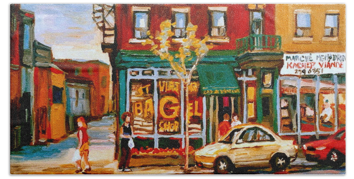 Montreal Beach Towel featuring the painting Paintings Of Famous Montreal Places St. Viateur Bagel City Scene by Carole Spandau