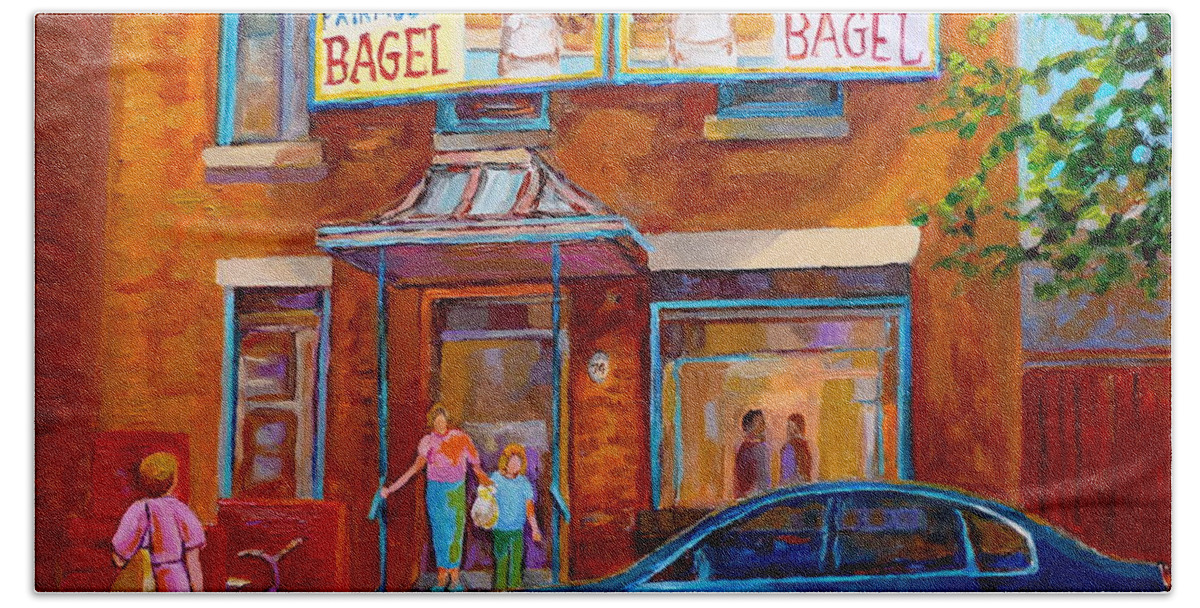 Fairmount Bagel Beach Towel featuring the painting Paintings Of Montreal Fairmount Bagel Shop by Carole Spandau