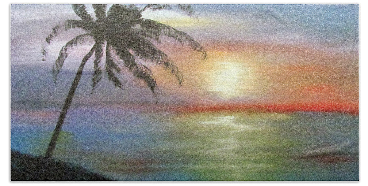 Palm Sunset Beach Towel featuring the painting Palm Sunset by Luis F Rodriguez