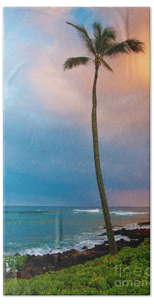 Hawaii Beach Towel featuring the photograph Palm tree at sunset. by Don Landwehrle
