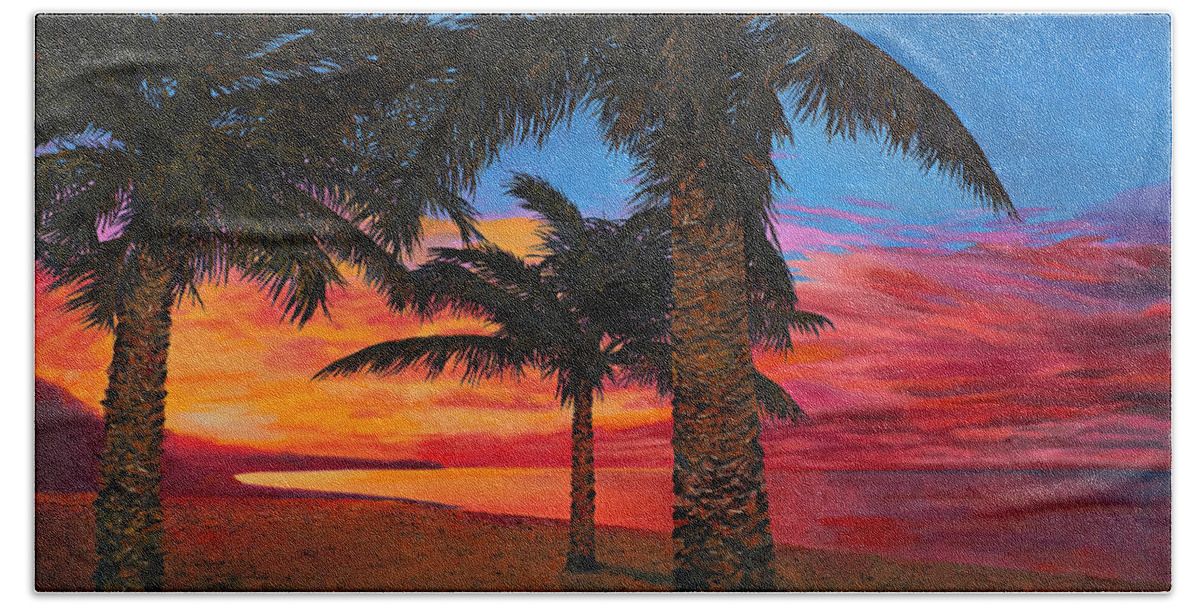 Seacape Beach Towel featuring the painting Palme Al Tramonto by Guido Borelli