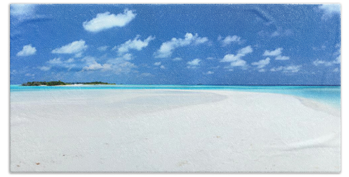 Tropical Beach Towel featuring the photograph Panorama of deserted sandy beach and island Maldives by Matteo Colombo