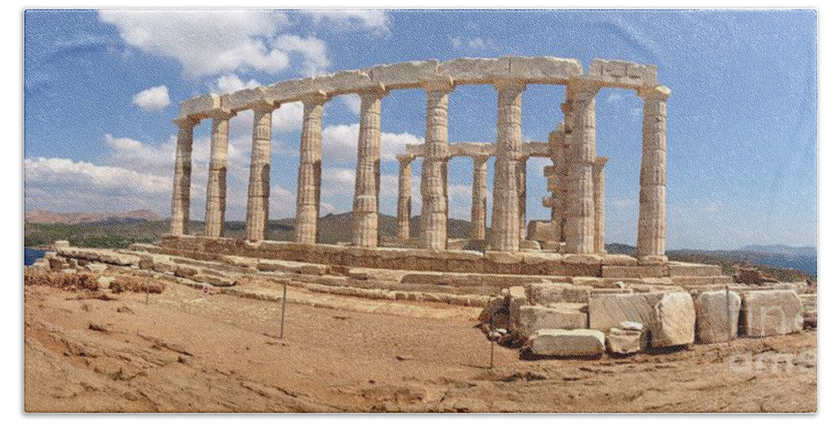 Temple Of Poseidon Beach Towel featuring the photograph Panoramic Of The Temple Of Poseidon by Denise Railey
