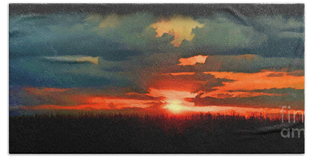 Panoramic Beach Towel featuring the photograph Panoramic Sunset - Digital Paint by Debbie Portwood