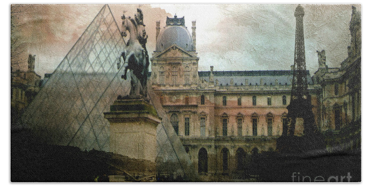 Paris Louvre Museum Beach Sheet featuring the photograph Paris Louvre Museum Pyramid Architecture - Eiffel Tower Photo Montage of Paris Landmarks by Kathy Fornal