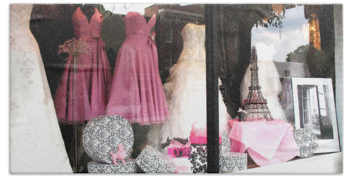 Paris Street Shops Prints Beach Towel featuring the photograph Paris Pink White Bridal Dress Shop Window Paris Decor by Kathy Fornal