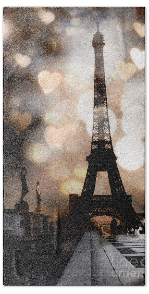 Eiffel Tower Beach Sheet featuring the photograph Paris Surreal Fantasy Sepia Black Eiffel Tower Bokeh Hearts and Circles - Paris Eiffel Tower Hearts by Kathy Fornal