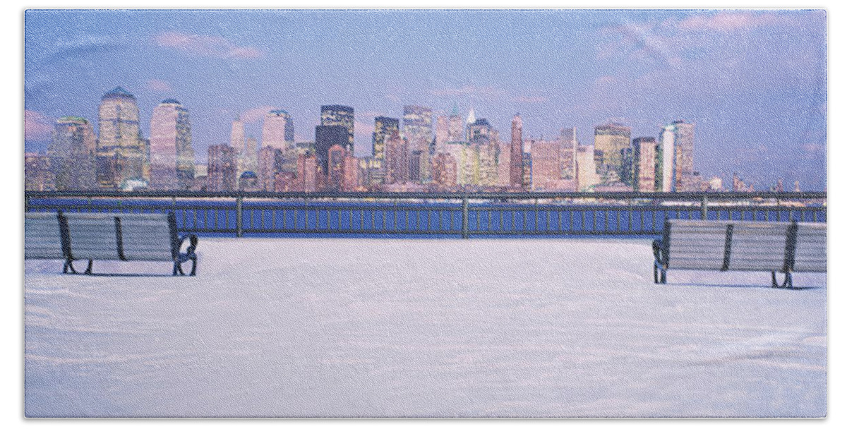 Photography Beach Towel featuring the photograph Park Benches In Snow With A City by Panoramic Images