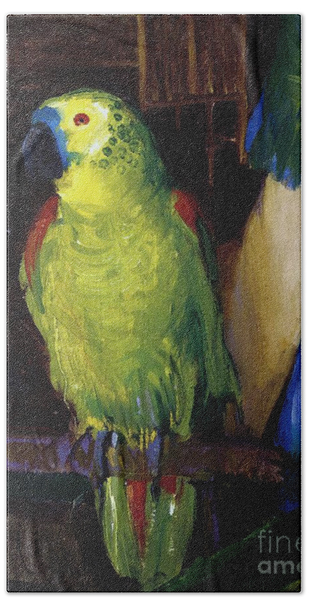 Bird; Pet; Green; Colourful; Tropical; Exotic; Interior; Domestic; Parrot; Birds; Parrots; Colorful; Animal; Oil Paint; Oil Painting; George; Wesley; George Wesley; Bellows; George Wesley Bellows; Animal; Animals; Animal Life; Pets; Pet Bird; Green; Red; Blue; Feather; Feather; Talon; Talons; Atop; Perch; Perched; Beak; Black Beak; Domesticated; Nature; Natural; Wildlife; Owner; Pet Owner; Woman; Arm; Blue Dress; Dress; Pet Owners; Indoor; Indoors; Creature; Living Thing; Alive; Wing; Wings Beach Sheet featuring the painting Parrot by George Wesley Bellows
