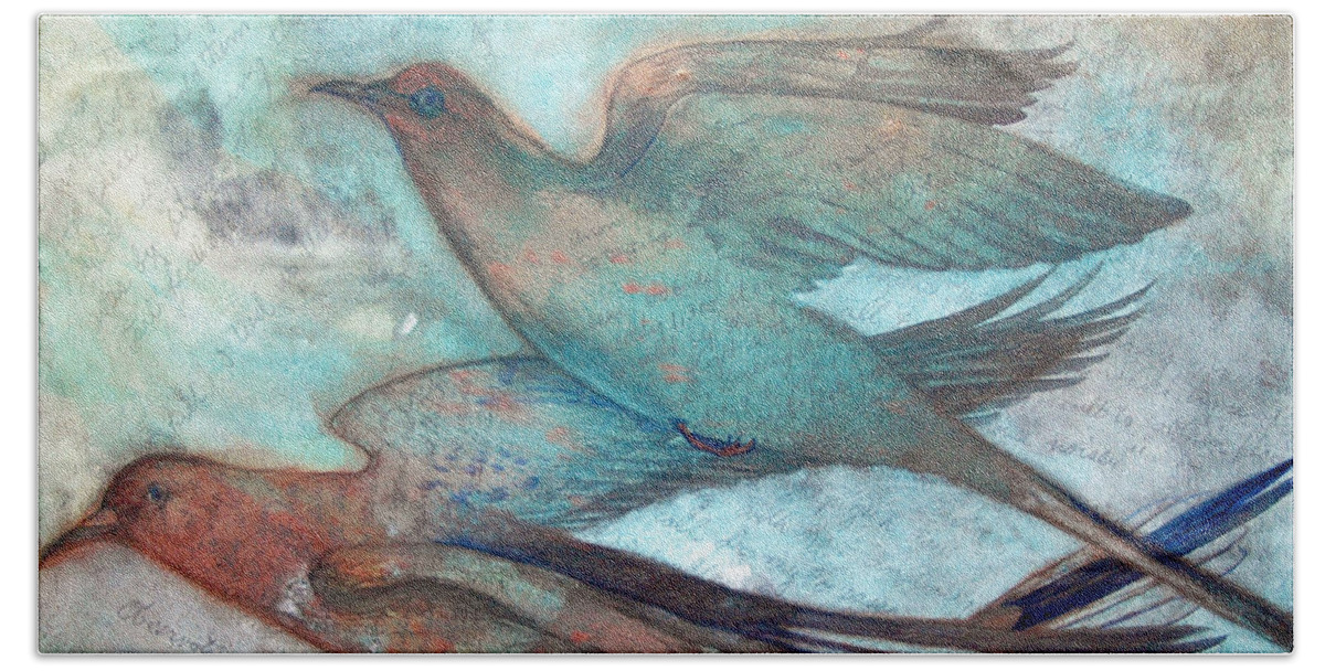 Bird Beach Towel featuring the painting Passing I by Helen Klebesadel