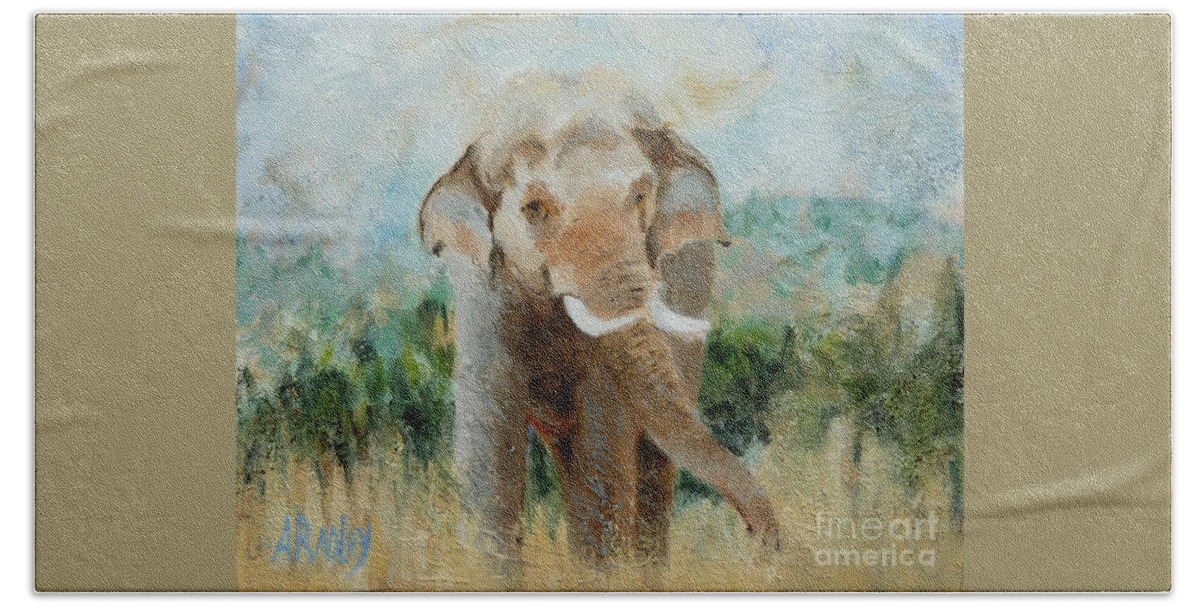Elephant Elephants Wildlife Sanctuary Animal Animals African Asian Prince Chang Dee Performing Animal Welfare Society Beach Towel featuring the painting Peace for Prince by Ann Radley