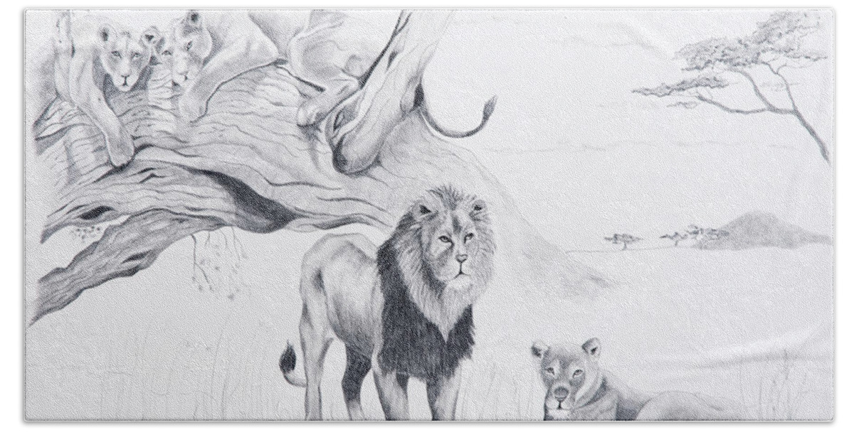 Lion Beach Sheet featuring the drawing Peaceful Pride by Joette Snyder