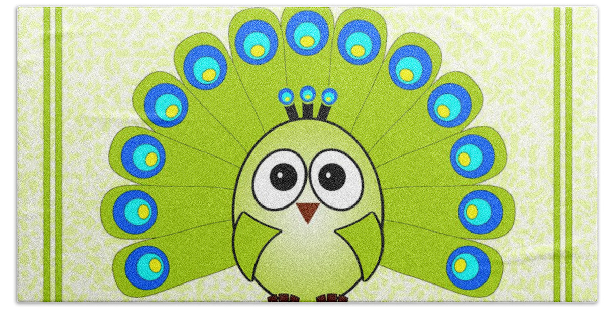 Peacock Beach Towel featuring the digital art Peacock - Birds - Art for Kids by Anastasiya Malakhova