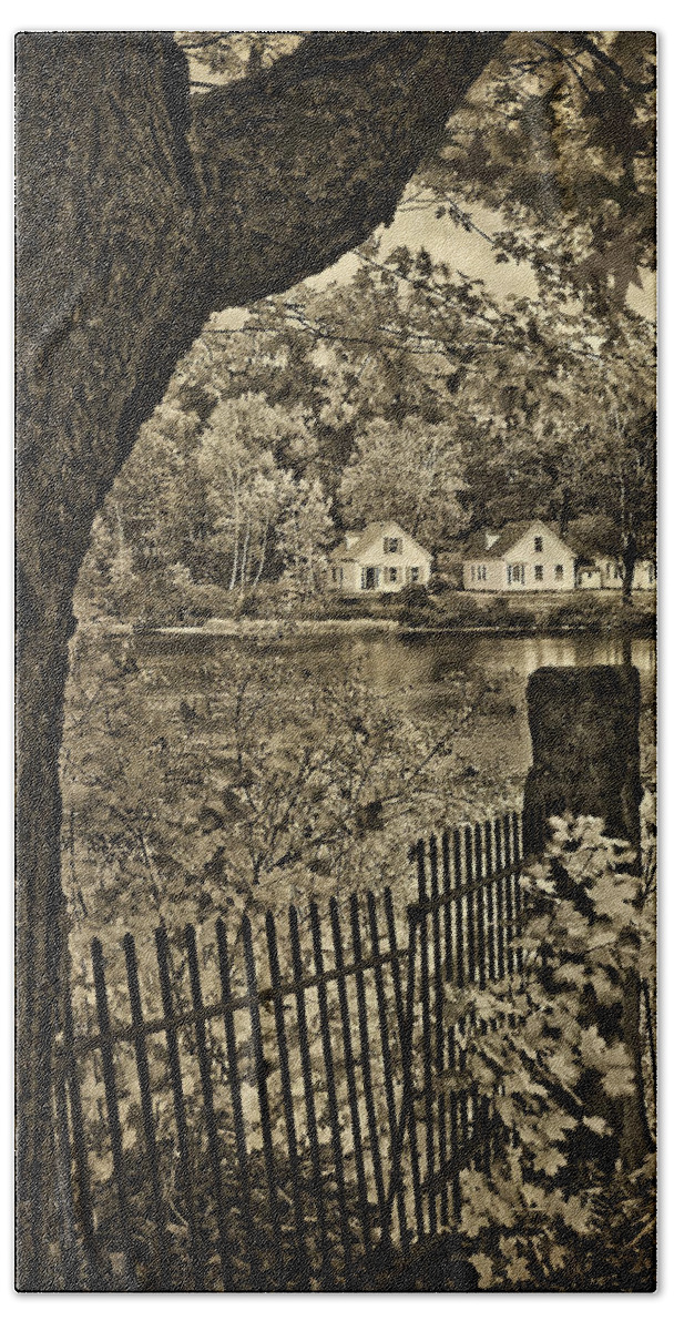 Peanut Row Cottages Beach Towel featuring the photograph Peanut Row cottages-sepia by Priscilla Burgers