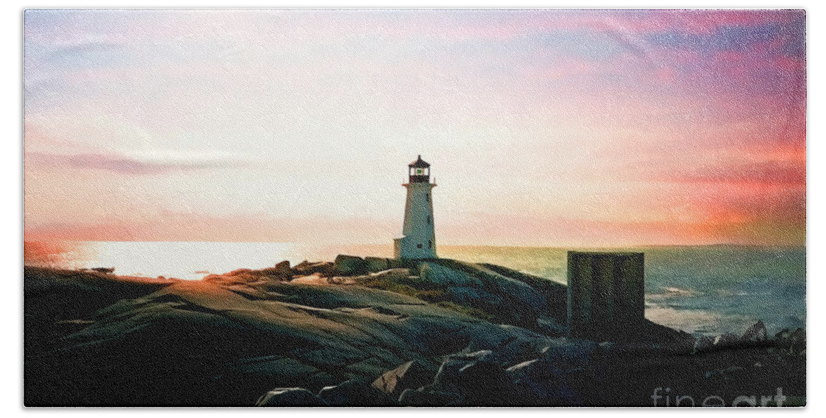 Landscape Beach Towel featuring the painting Peggys Cove Lighthouse by Elaine Manley