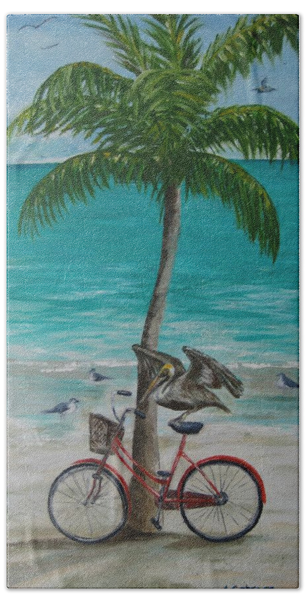 Key West Beach Sheet featuring the painting Pelican Landing by Linda Cabrera