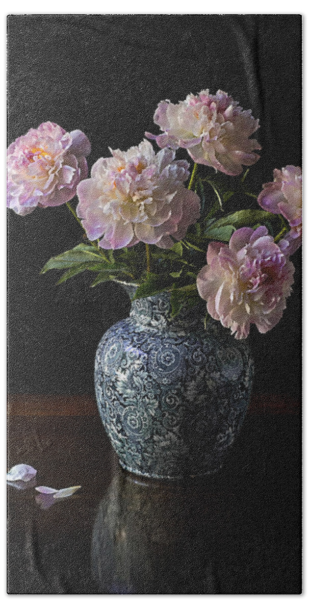 Peonies Beach Towel featuring the photograph Peonies In A Blue Vase by Endre Balogh