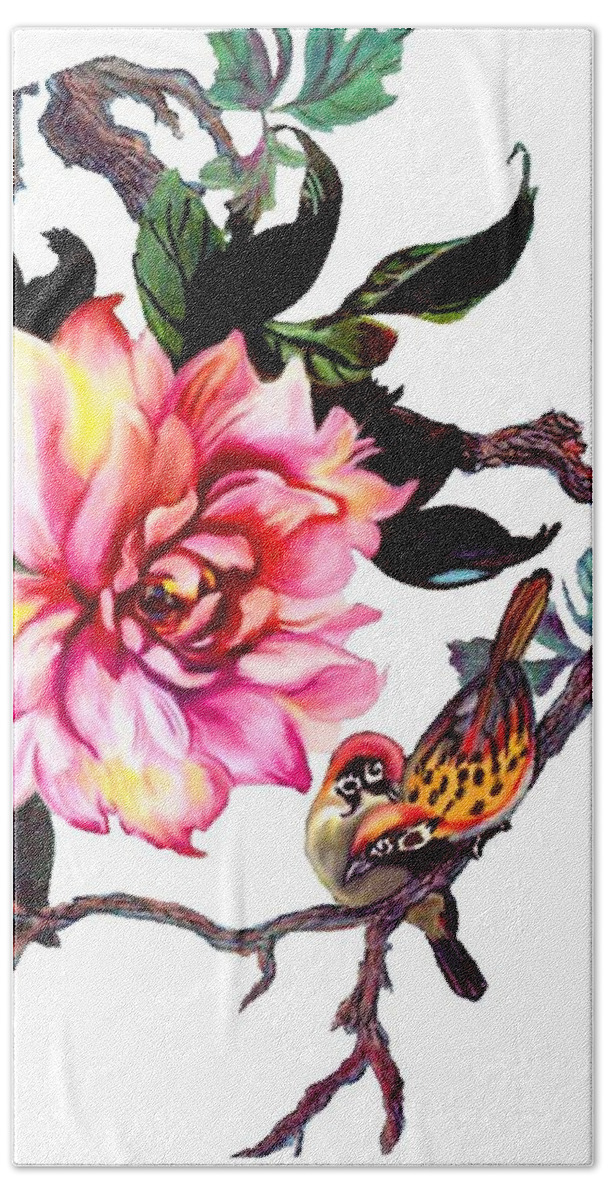Peony Beach Towel featuring the mixed media Peony and Birds by Anthony Seeker