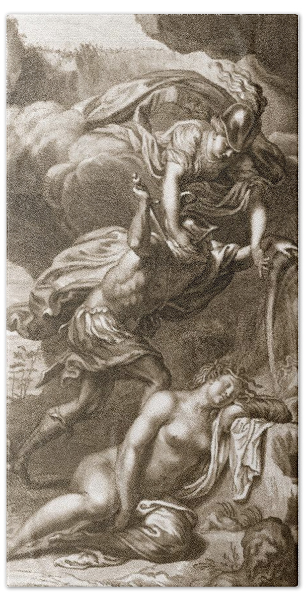 Hero Beach Sheet featuring the drawing Perseus Cuts Off Medusas Head, 1731 by Bernard Picart