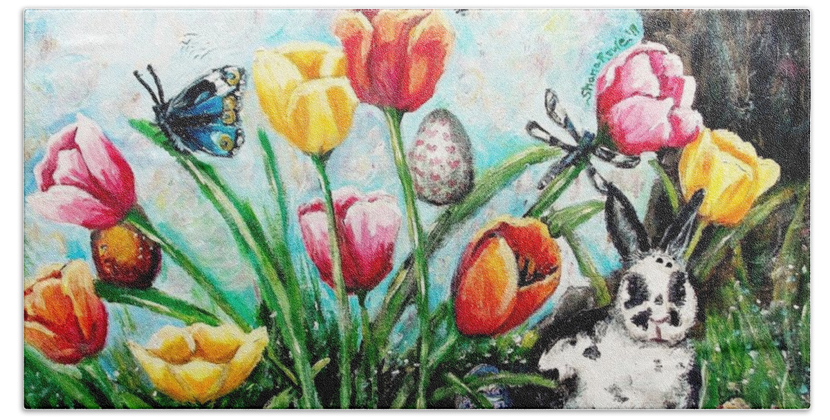 Easter Beach Towel featuring the painting Peters Easter Garden by Shana Rowe Jackson