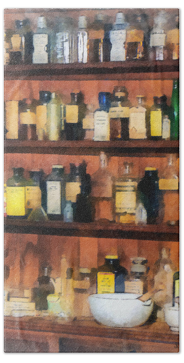Druggist Beach Sheet featuring the photograph Pharmacist - Mortar Pestles and Medicine Bottles by Susan Savad