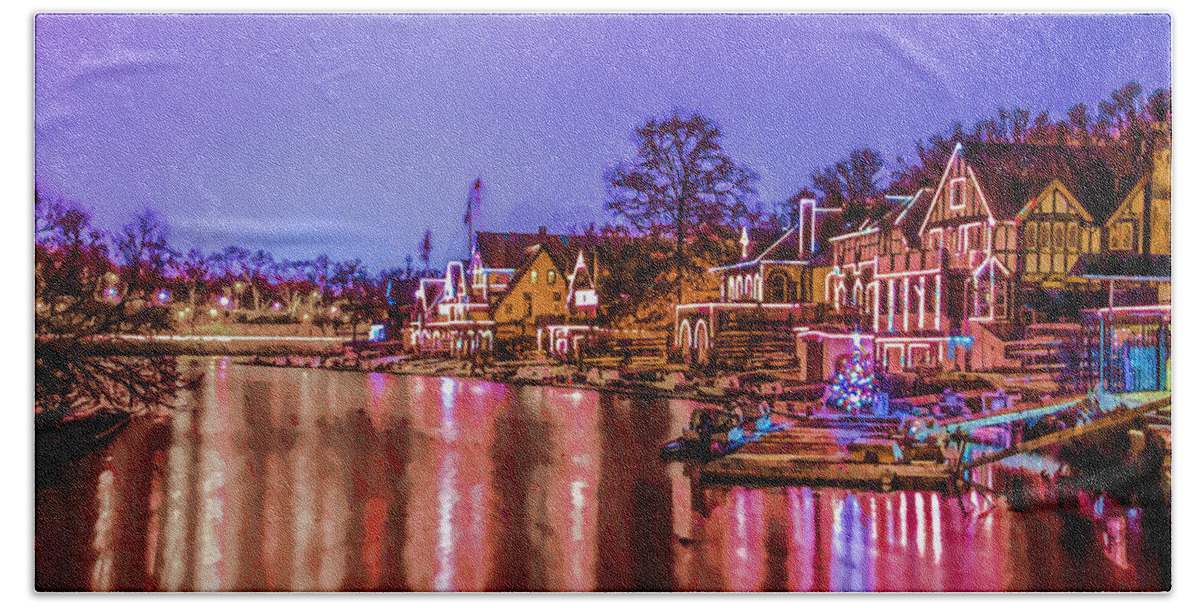 Boathouse Beach Towel featuring the photograph Philadelphia - Boathouse Row at Night Time by Bill Cannon