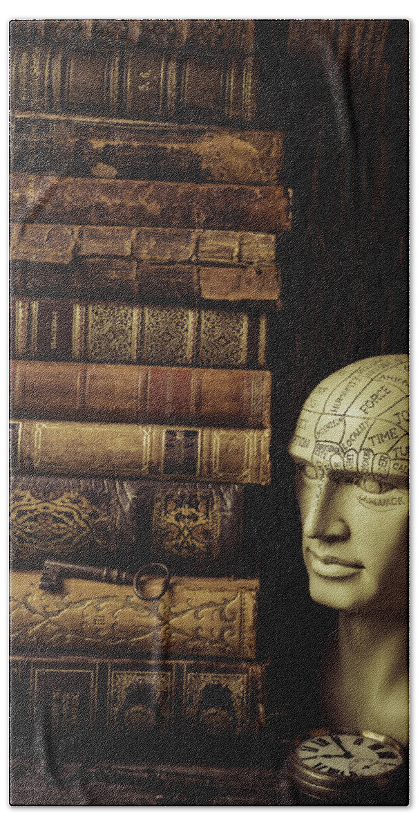 Phrenology Beach Towel featuring the photograph Phrenology Head And Old Books by Garry Gay