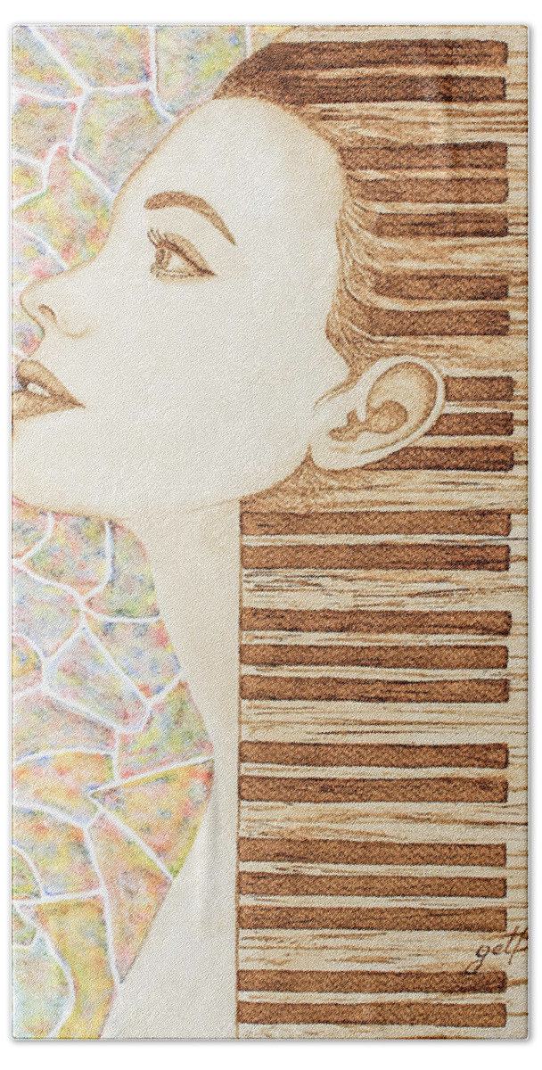 Woman Face Beach Towel featuring the painting Piano Spirit Original Coffee and Watercolors Series by Georgeta Blanaru