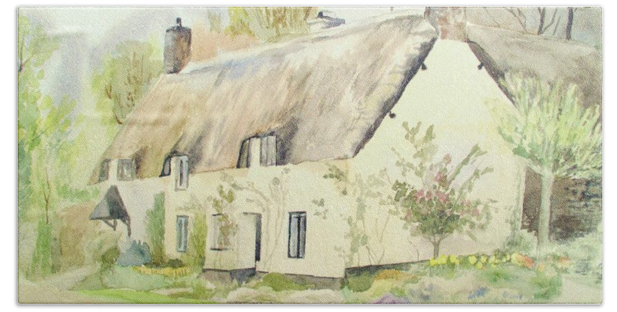 Dunster Beach Sheet featuring the painting Picturesque Dunster Cottage by Martin Howard