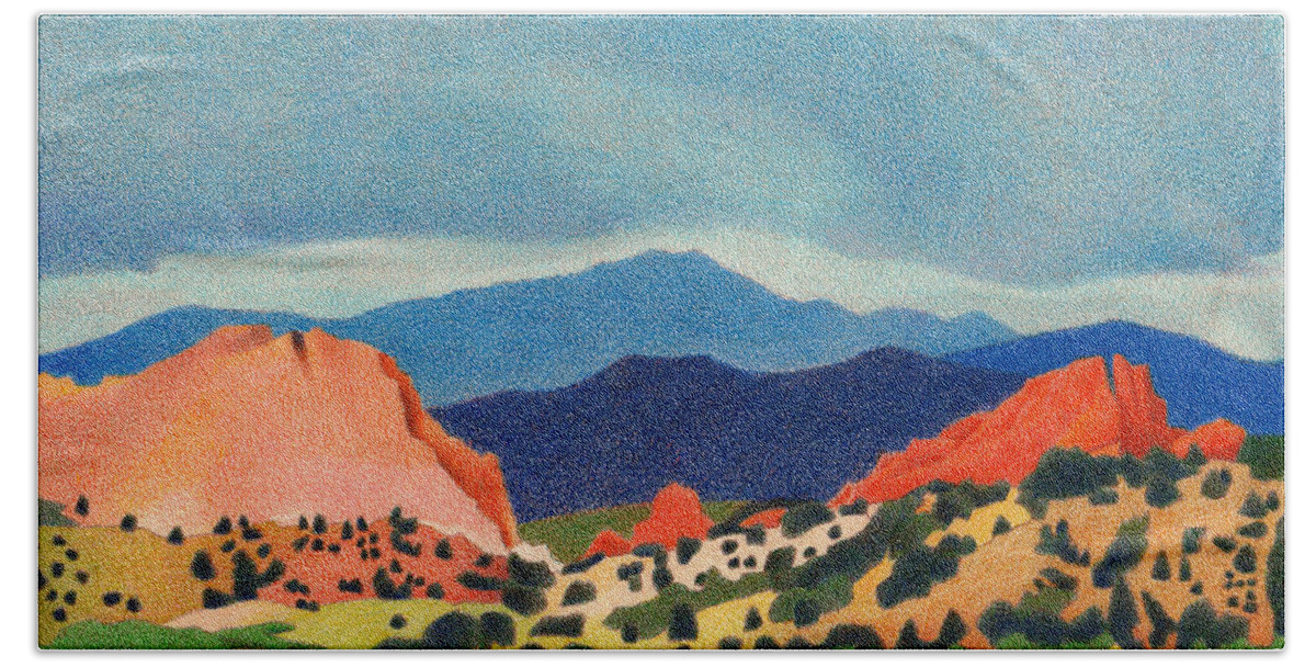 Mountains Beach Towel featuring the drawing Garden of the Gods Pikes Peak by Dan Miller