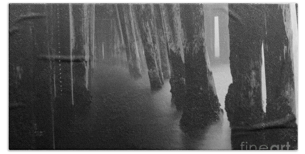 Pier Beach Towel featuring the photograph Pillars and Fog 1 by Paul Topp