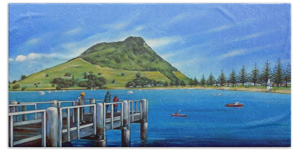 Pier Beach Towel featuring the painting Pilot Bay Mt Maunganui 201214 #1 by Selena Boron