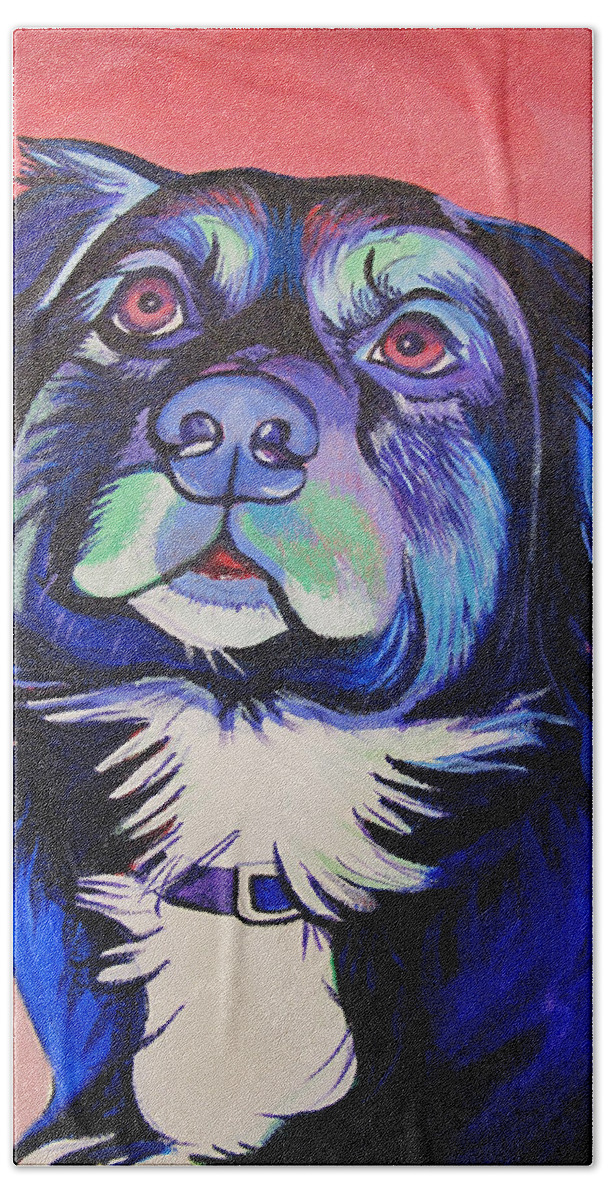 Dog Portraits Beach Sheet featuring the painting Pink and Blue dog by Joshua Morton