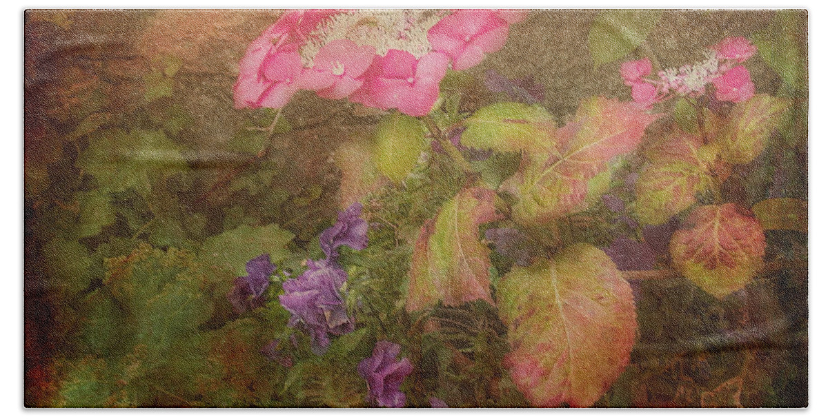 Pink Hydrangea And Violets Beach Towel featuring the photograph Pink Hydrangea and Purple Pansies by Bellesouth Studio