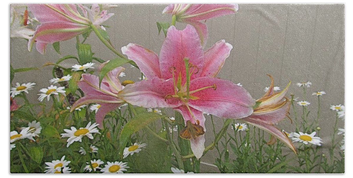 Pink Lilies Beach Sheet featuring the photograph PINK LILIES and DAISIES by Melinda Saminski