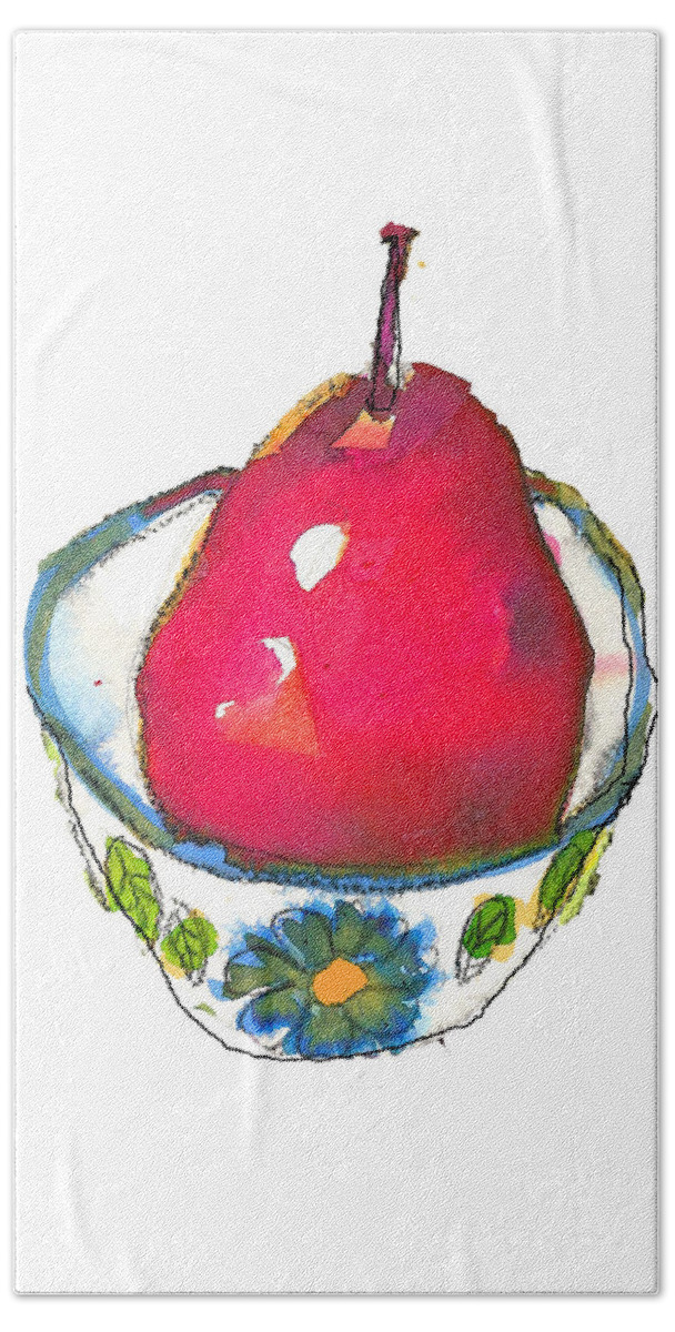 Pear Beach Towel featuring the painting Pink Pear in Floral Bowl by Tracy-Ann Marrison