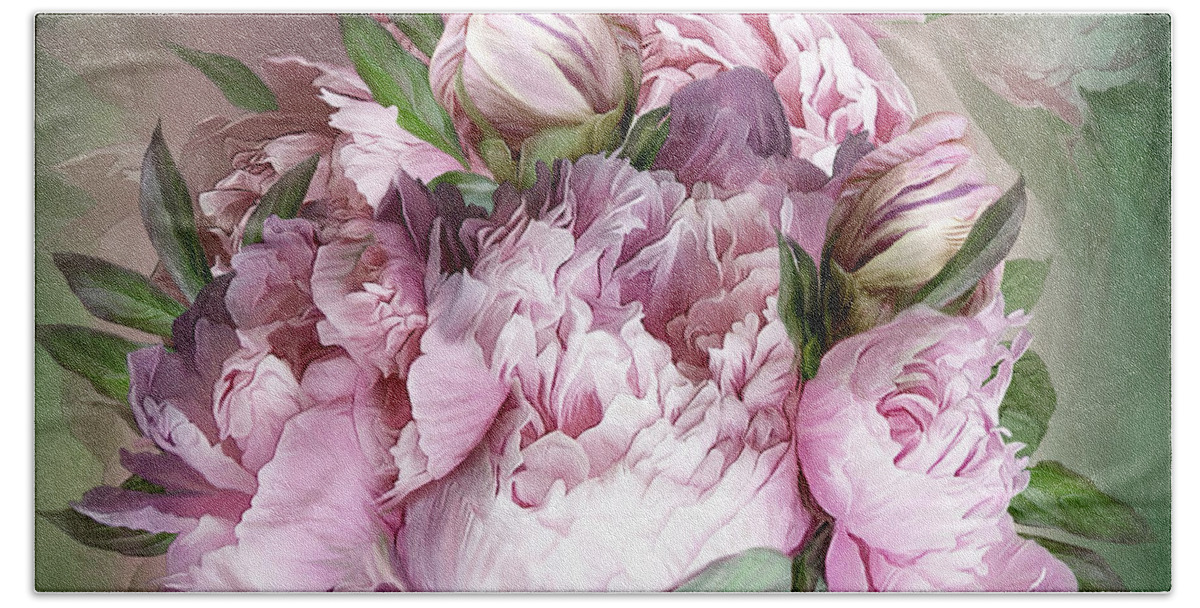 Peonies Beach Towel featuring the mixed media Pink Peonies Bouquet - Square by Carol Cavalaris