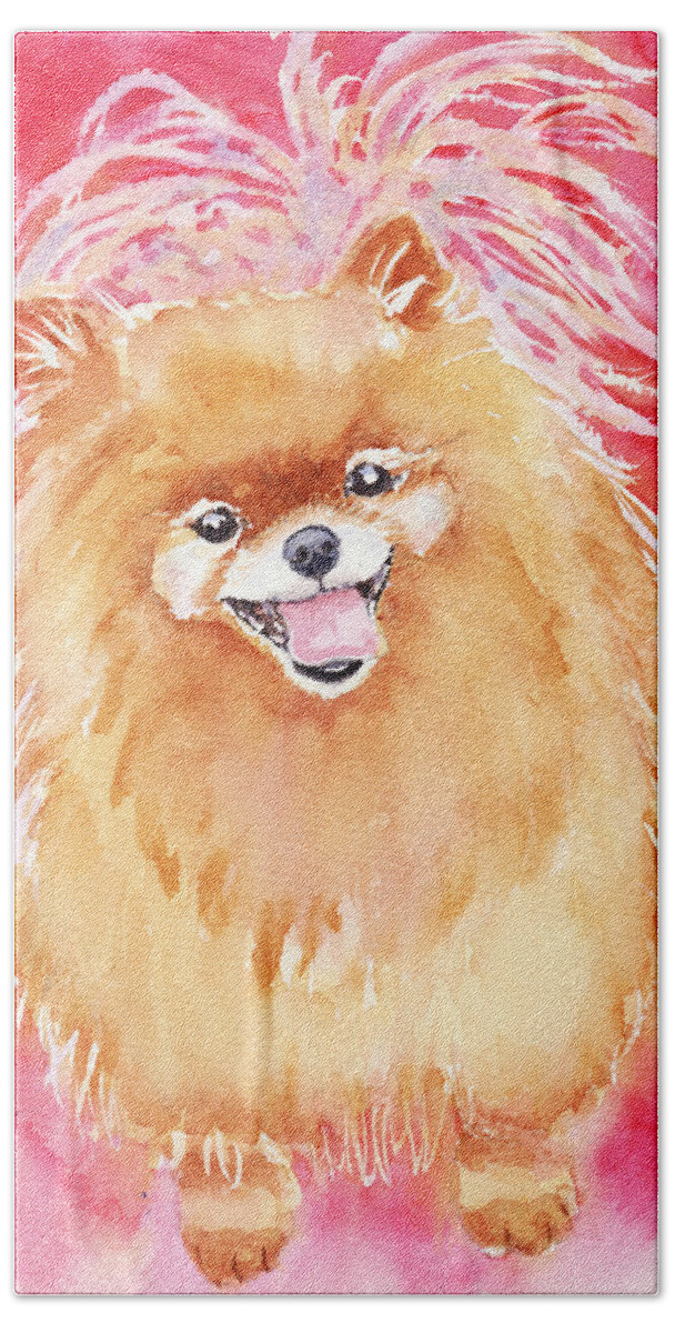 Pomeranian Painting Beach Towel featuring the painting Pink Pom by Greg and Linda Halom