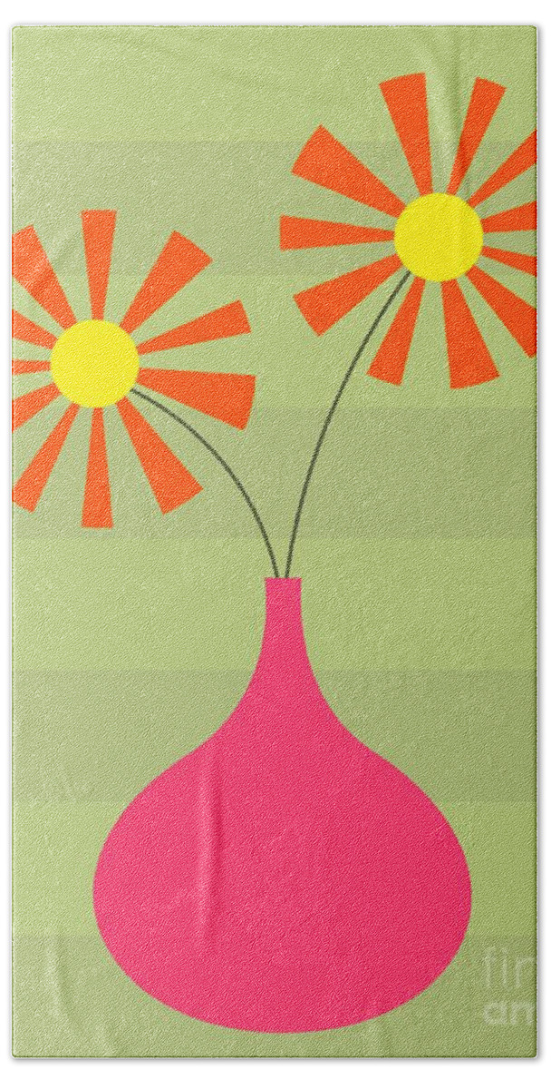 70s Beach Towel featuring the digital art Pink Vase on Green by Donna Mibus