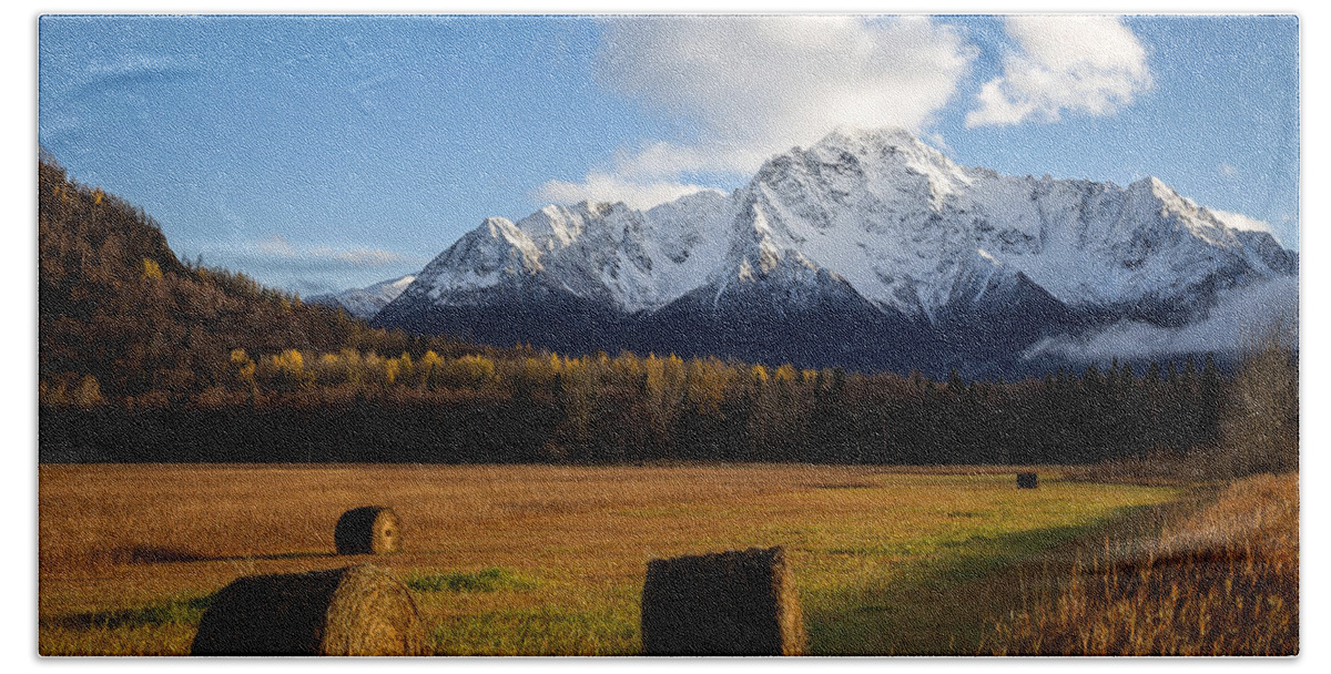 Scenic Landscape Hay Pioneer Peak Hay Field Fall Autumn Sunset Mountains Alaska Palmer Beach Towel featuring the photograph Pioneer Hay Fields by Tim Newton