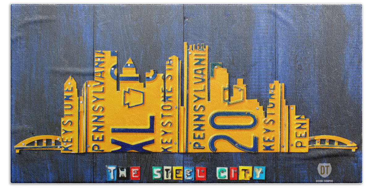 Pittsburgh Beach Sheet featuring the mixed media Pittsburgh Skyline License Plate Art by Design Turnpike