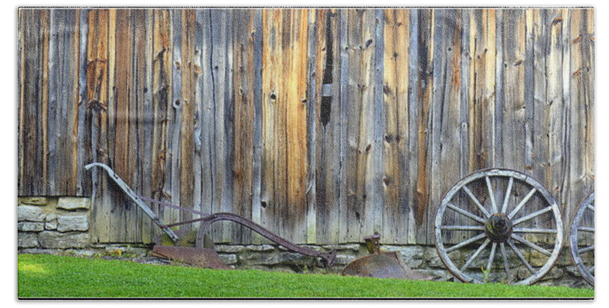 Wagon Wheels Beach Towel featuring the photograph Plow and Barn Study 2 by Kathy Barney