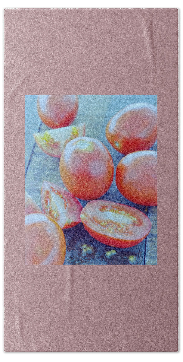 Plum Tomatoes On A Wooden Board Beach Sheet