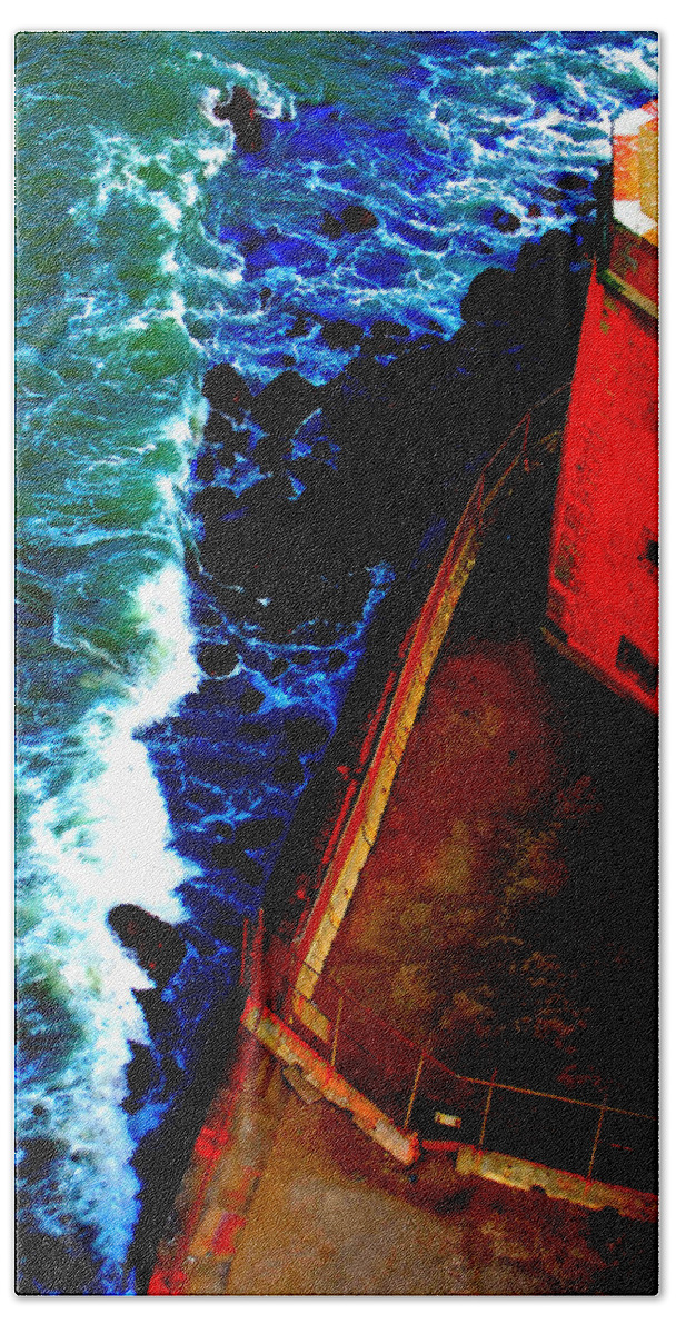 Looking Down Golden Gate Bridge Fort Waves Crashing Water Ocean Rocks San Francisco Ca Beach Towel featuring the photograph Plunging from Golden Gate by Holly Blunkall