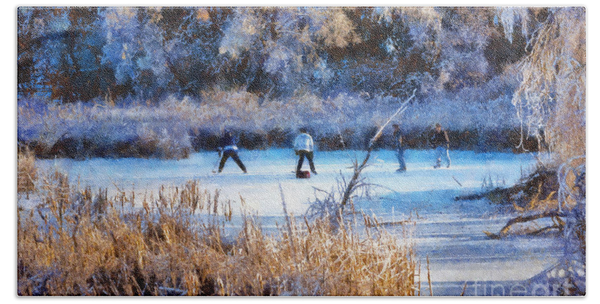 Pond Beach Towel featuring the photograph Pond Hockey - Painterly by Les Palenik