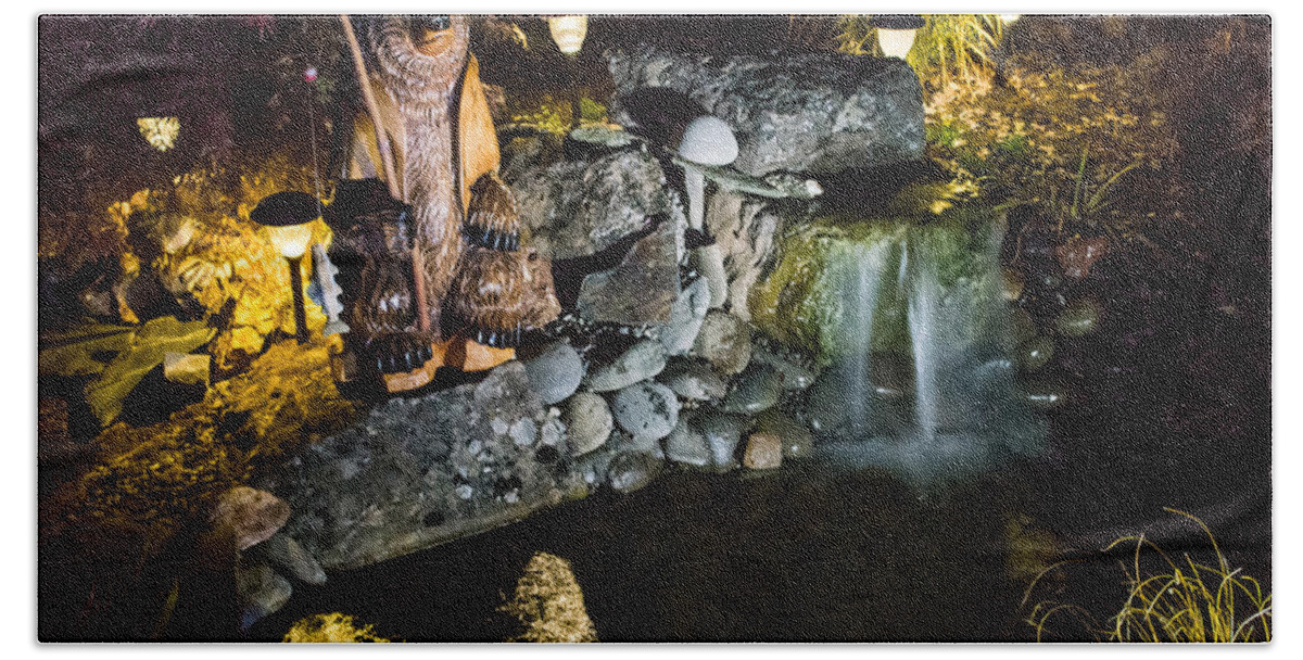 Pond Beach Towel featuring the photograph Pond Waterfall and Chuck the Bear by Mick Anderson