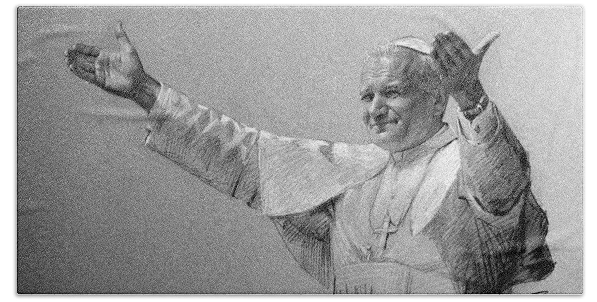 Pope John Paul Ii Beach Towel featuring the drawing POPE JOHN PAUL II bw by Ylli Haruni