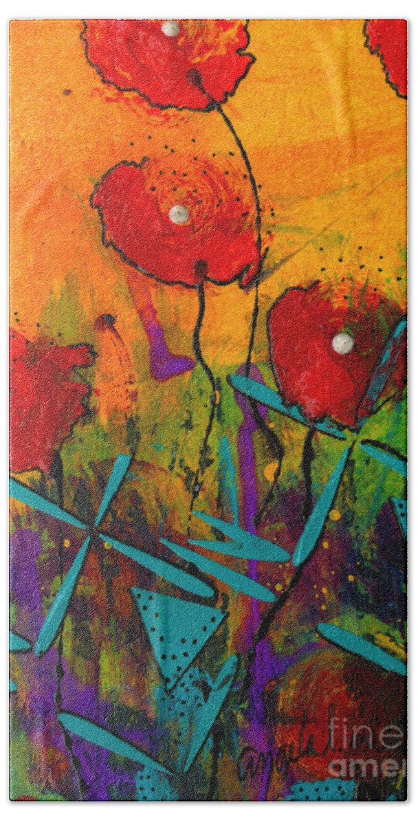 Abstract Mixed Media Beach Towel featuring the mixed media Poppies II by Angela L Walker