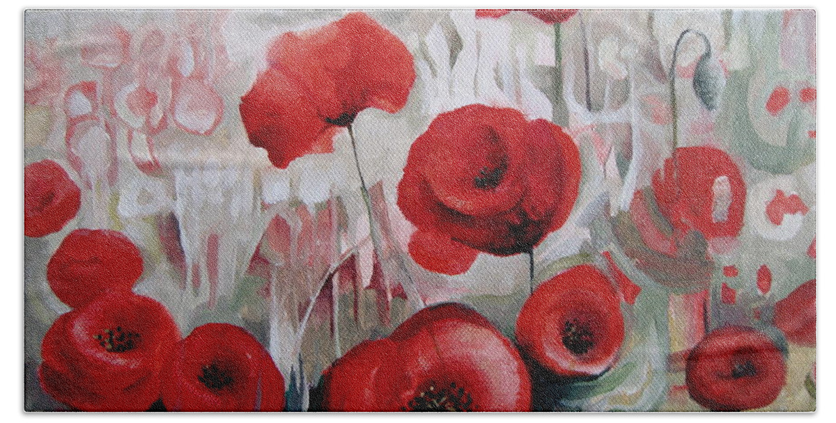 Poppy Beach Towel featuring the painting Poppy flowers by Elena Oleniuc